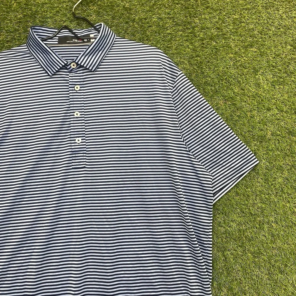 RLX Ralph Lauren Golf Polo Shirt Mens XL Blue Striped Athletic Sportswear Sport